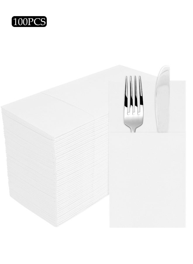 DUNISO 100-Piece Disposable Cloth Like Napkins, Built-in Flatware Pocket, Wedding Party Linen Feel White Napkin, Prefolded for Silverware for Weddings,Parties or Events - Image 1